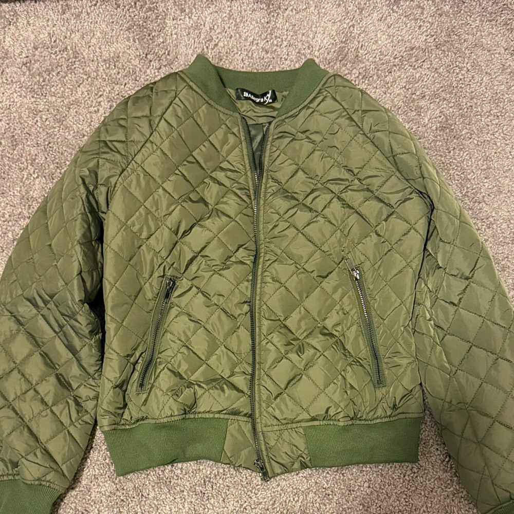 Allegra K Quilted Bomber Jacket | Size XS | Neutral Casual Outerwear Olive Green